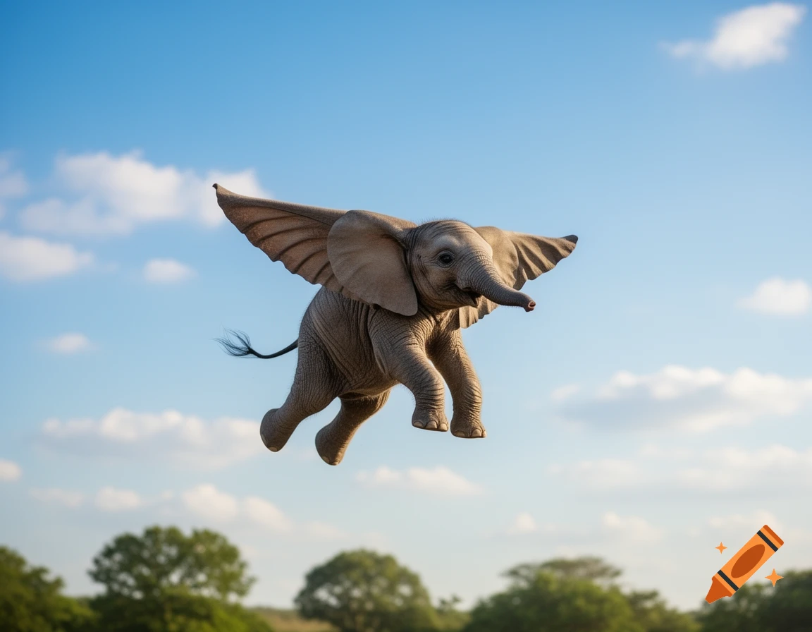A photorealistic baby elephant with large wings flies against a bright blue sky with scattered clouds and distant green trees.