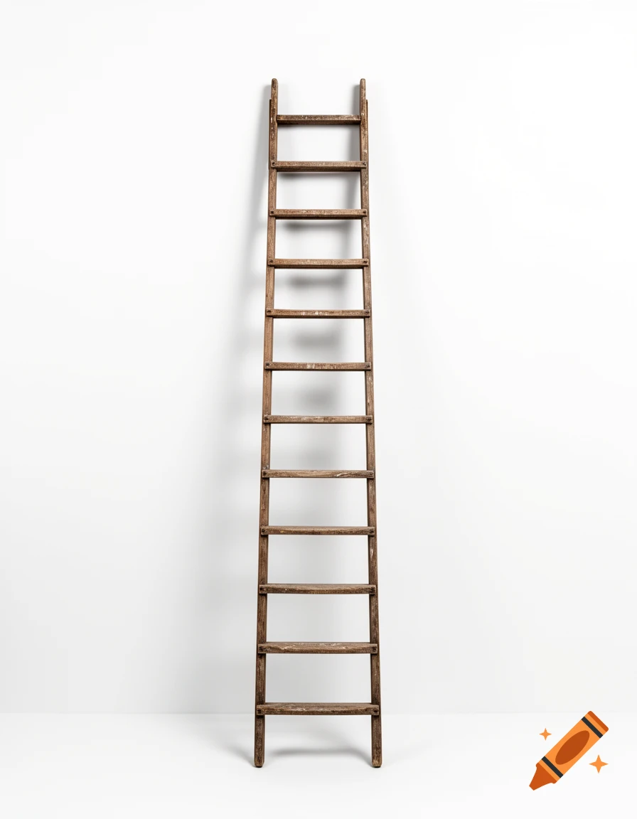 An old wooden ladder with many rungs leaning against a plain white wall, rendered in a photorealistic style.
