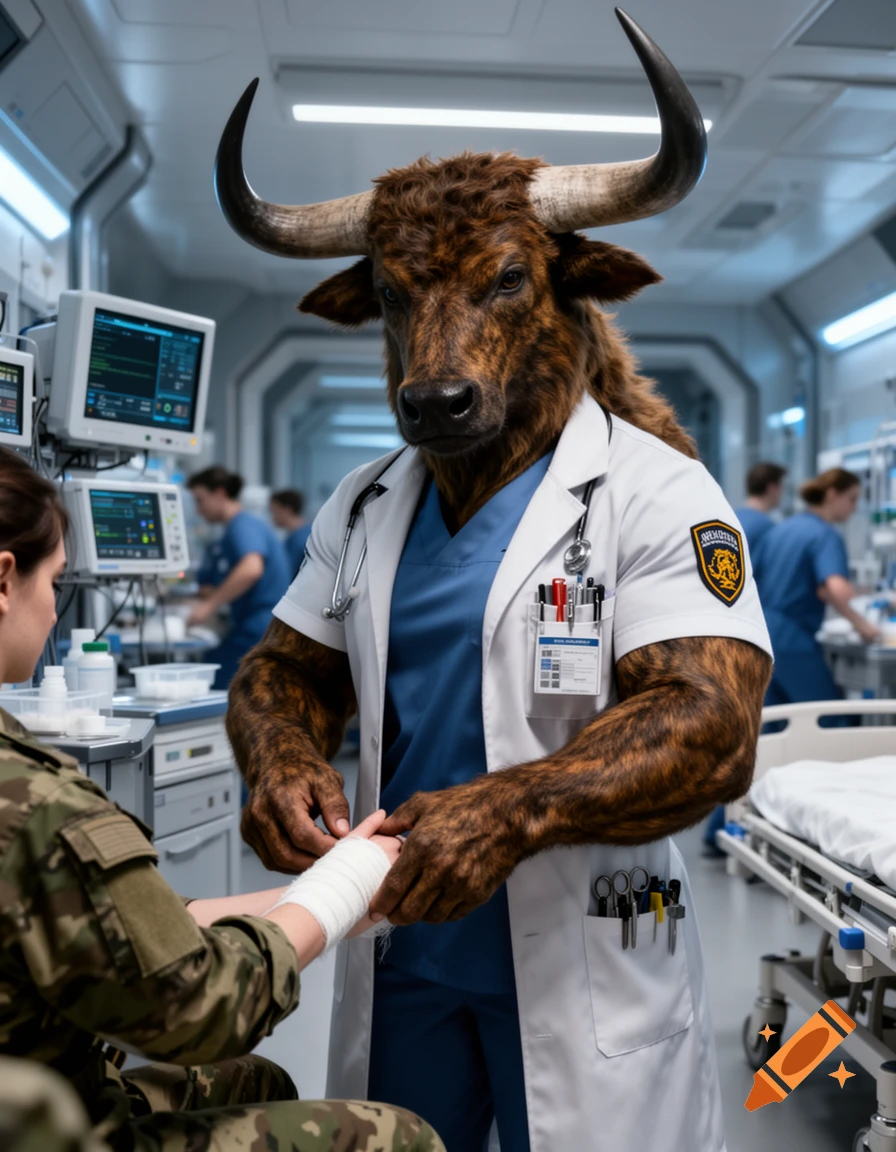 A photorealistic minotaur doctor in a lab coat and scrubs, tending to a human patient's bandaged arm in a modern hospital.