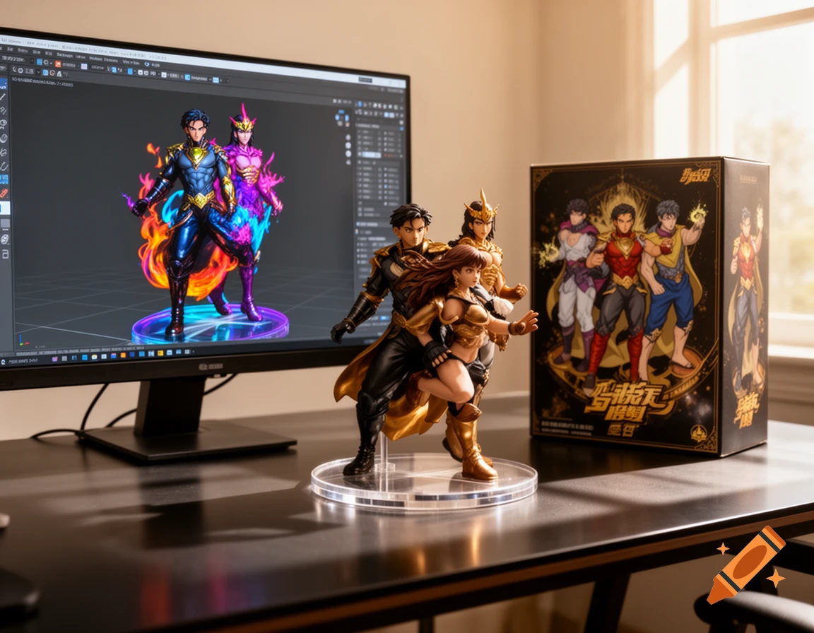 Photorealistic scene of anime-style collectible figurines on a computer desk, with a monitor showing 3D models and a character box.
