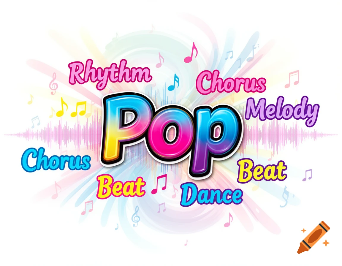 A vibrant, colorful word cloud with 'Pop' in the center, surrounded by music-related words and musical notes.