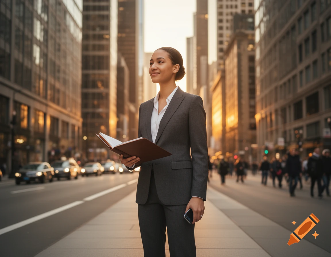 A smiling businesswoman in a suit stands on a city street at sunset, holding a book and a phone.