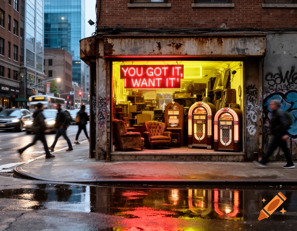 A photorealistic night street scene with a vintage shop's neon sign, 'YOU GOT IT, I WANT IT', reflecting on the wet sidewalk as blurred people walk past.