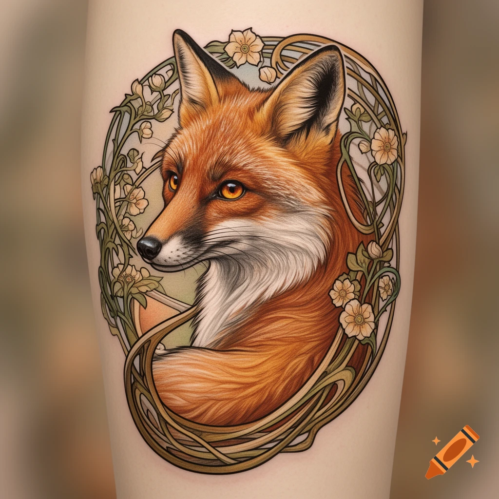 Art Nouveau style tattoo of a fox head, with orange fur and glowing eyes, surrounded by intricate floral and vine patterns.