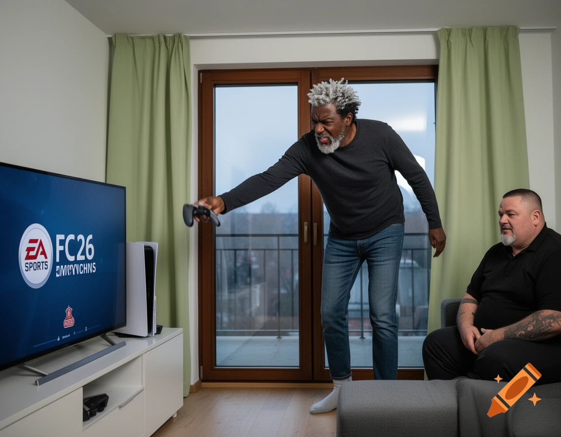 Two men in a modern living room. One man, with white hair and beard, stands angrily, holding a video game controller towards a TV displaying "EA SPORTS FC26". Another man sits on a couch beside him.
