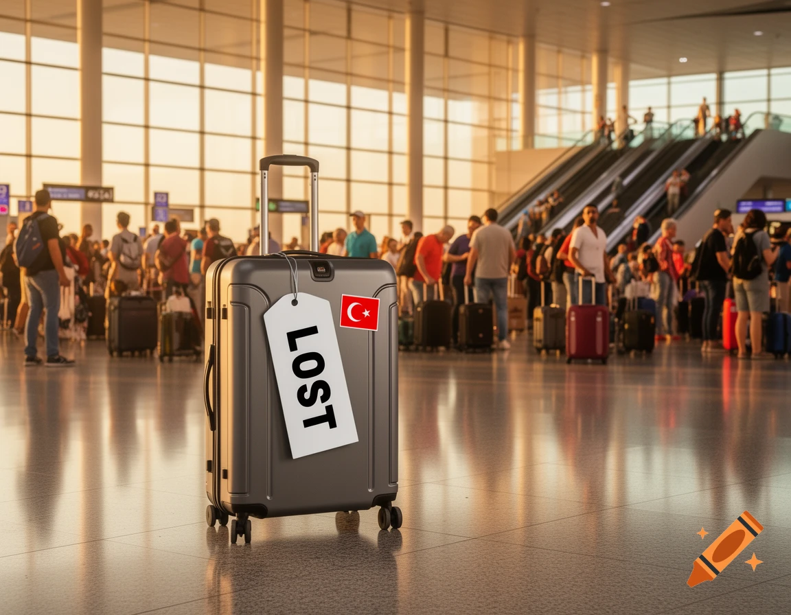 Photorealistic gray suitcase with a 'LOST' tag and Turkish flag on an airport floor. Blurred travelers and escalators in background.
