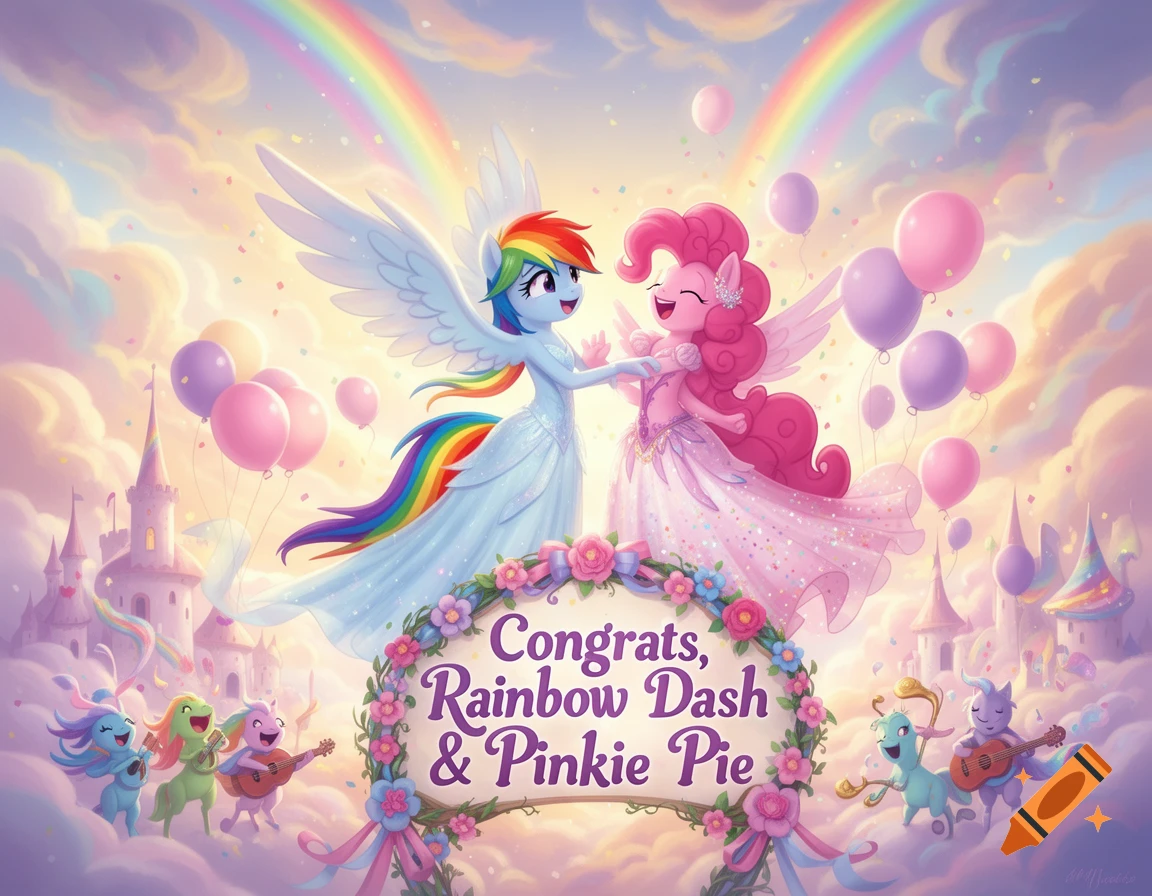 Rainbow Dash and Pinkie Pie, dressed in elegant wedding gowns, embrace under a vibrant rainbow with balloons and castles, above a floral \"Congrats, Rainbow Dash & Pinkie Pie\" sign.
