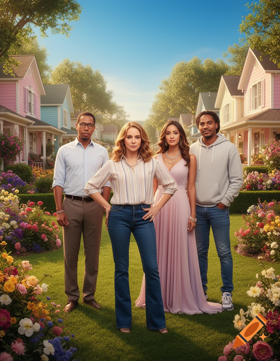 Four diverse people stand in a vibrant, colorful garden in front of pastel-colored houses under a clear blue sky. The image has a cheerful, almost whimsical, photorealistic style.
