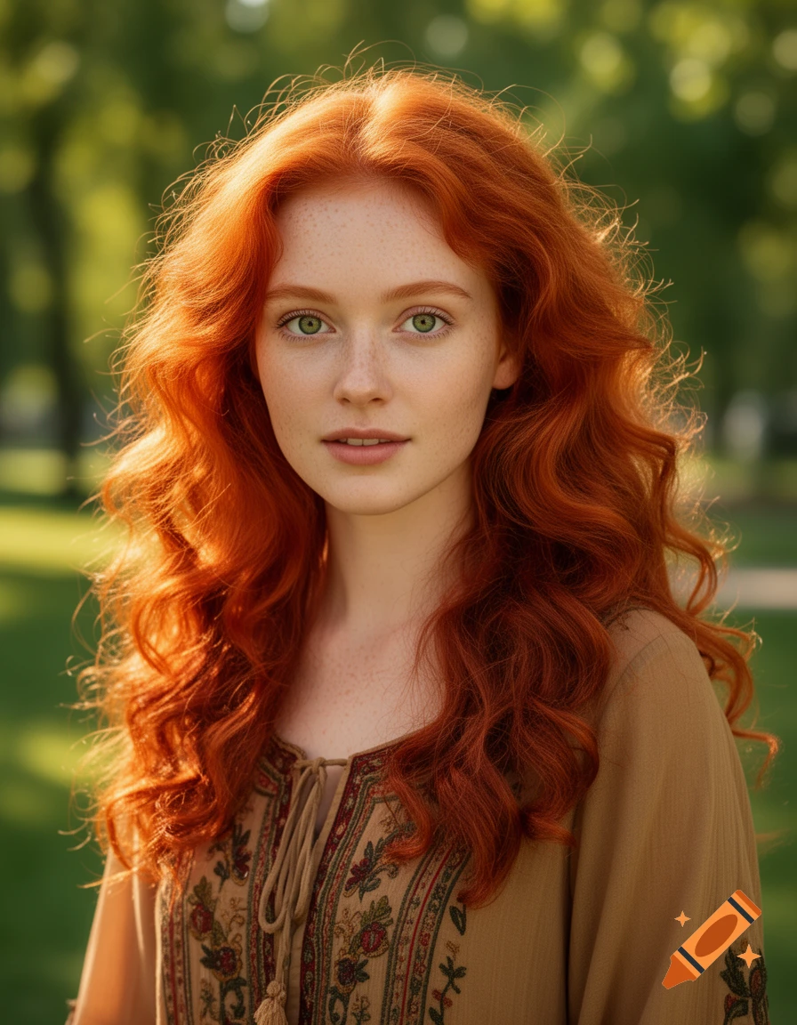 A photorealistic portrait of a young woman with long, curly red hair, green eyes, and freckles, wearing an embroidered top, against a blurred green outdoor background.