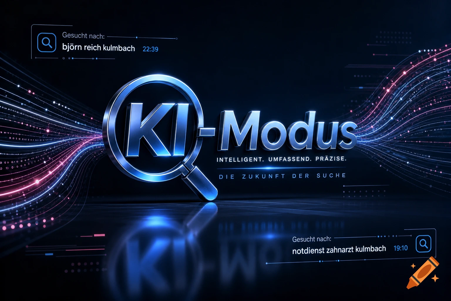 A 3D chrome 'KI-Modus' logo with a magnifying glass, surrounded by blue and pink light trails and digital search interface elements.