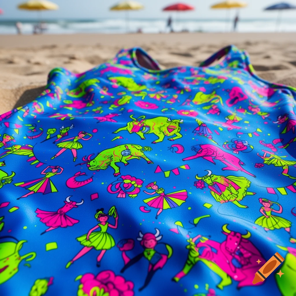 Vibrant blue swimsuit with neon pink and lime green bull and dancer pattern on a sandy beach, blurred ocean and umbrellas in background.