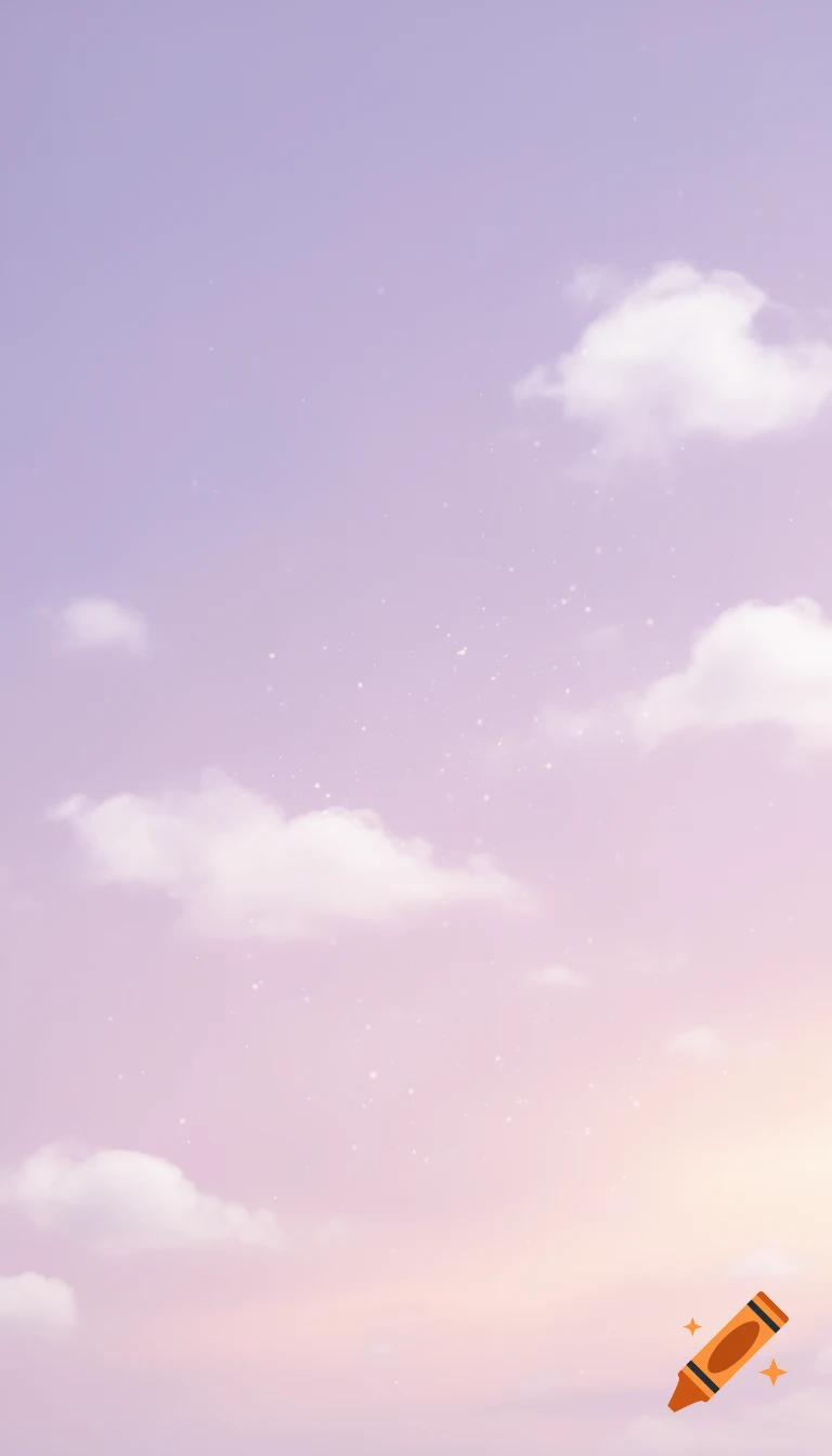 Pastel purple and pink sky with soft white clouds and subtle sparkles.