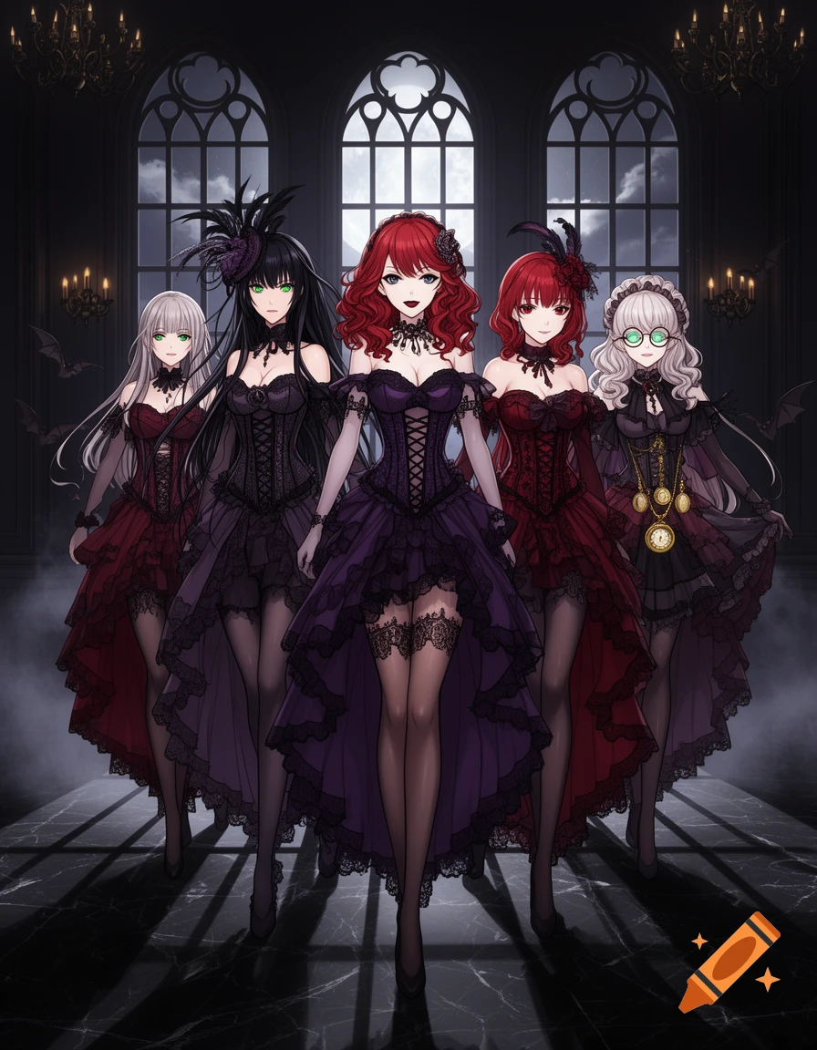 Five anime-style women in elaborate gothic dresses and stockings stand in a dark, grand hall.