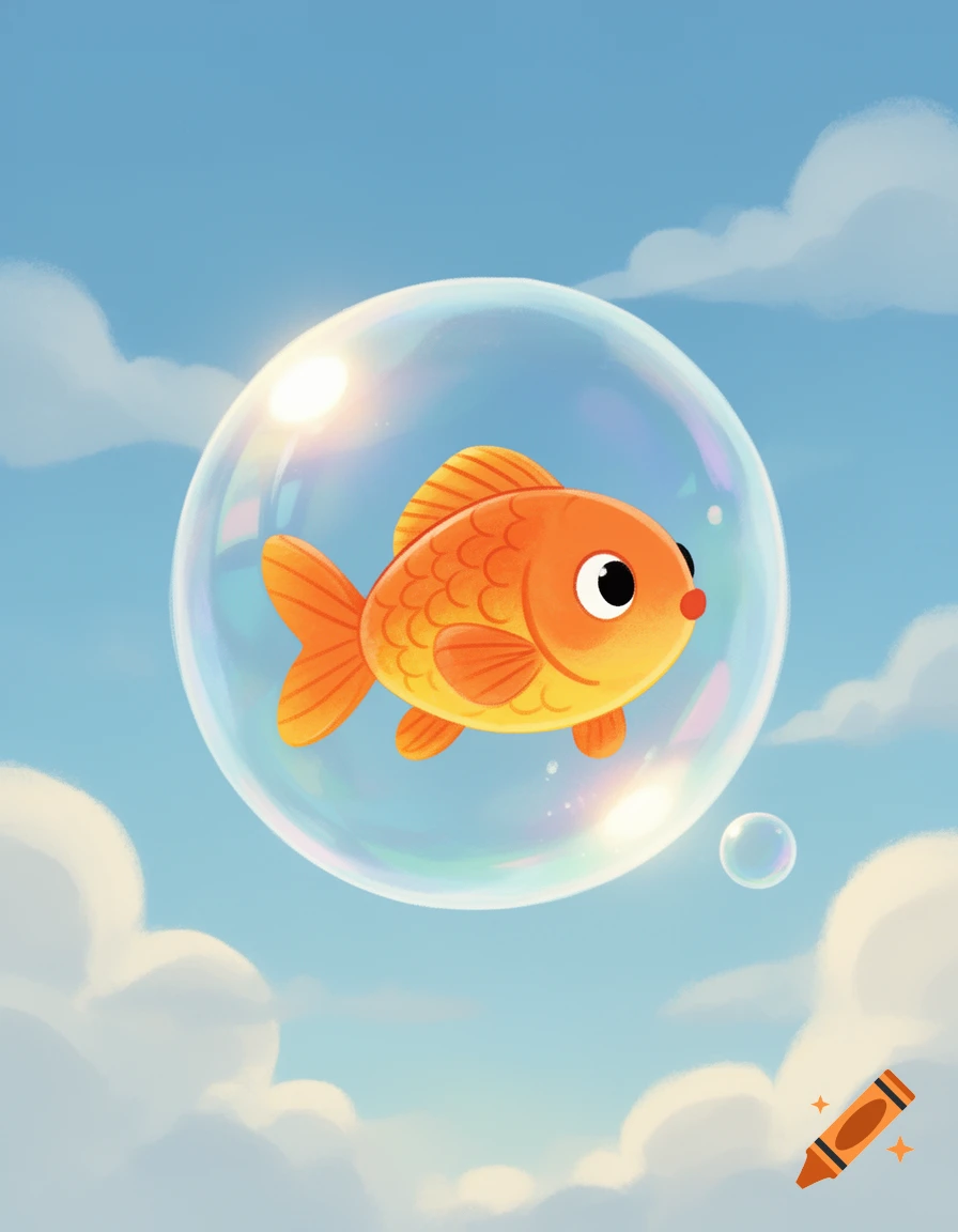 A cute 2D cartoon goldfish floats inside a large bubble against a blue sky with white clouds.