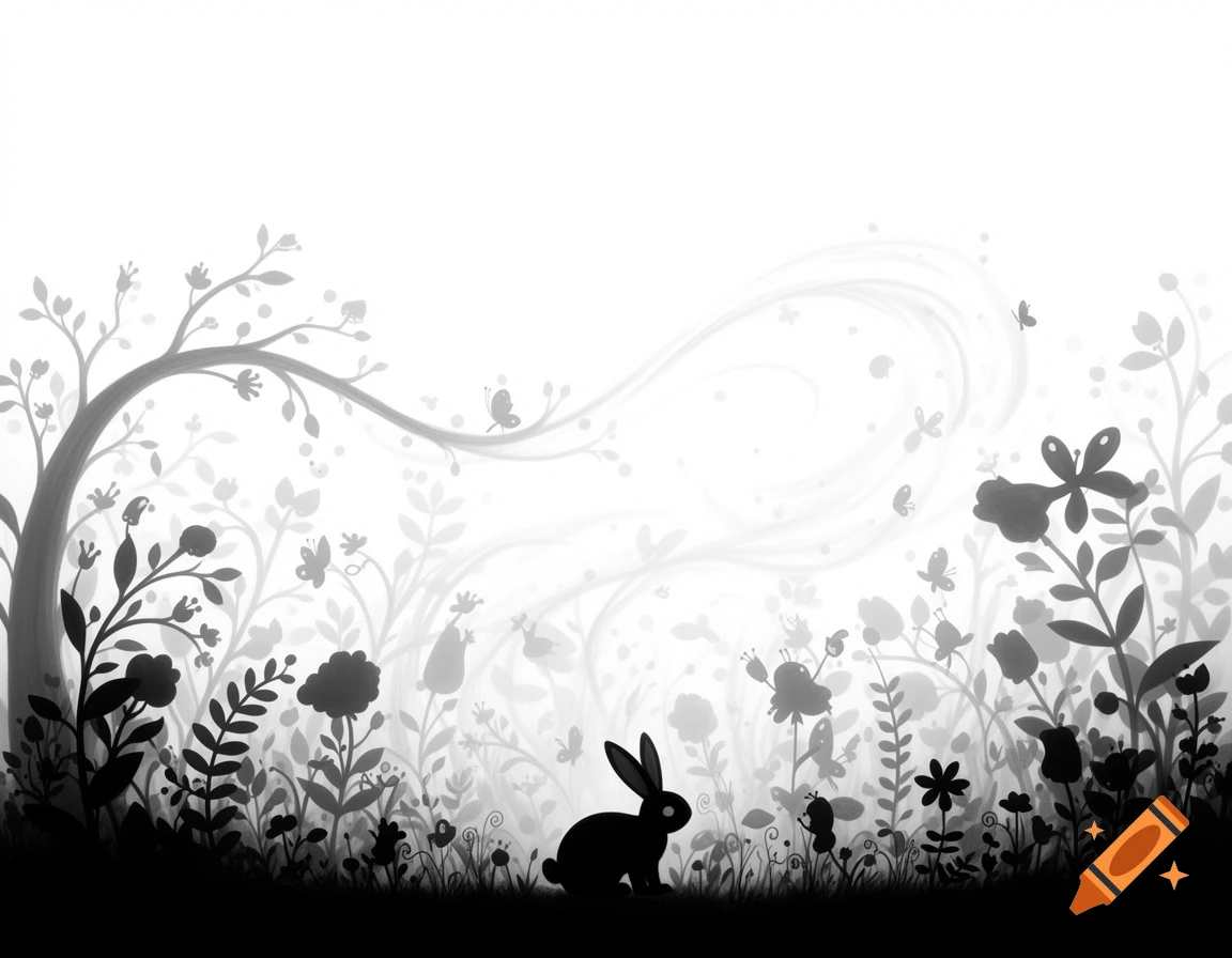 A black and white silhouette illustration of a rabbit in a field of flowers and plants with butterflies in a simple, childlike style.