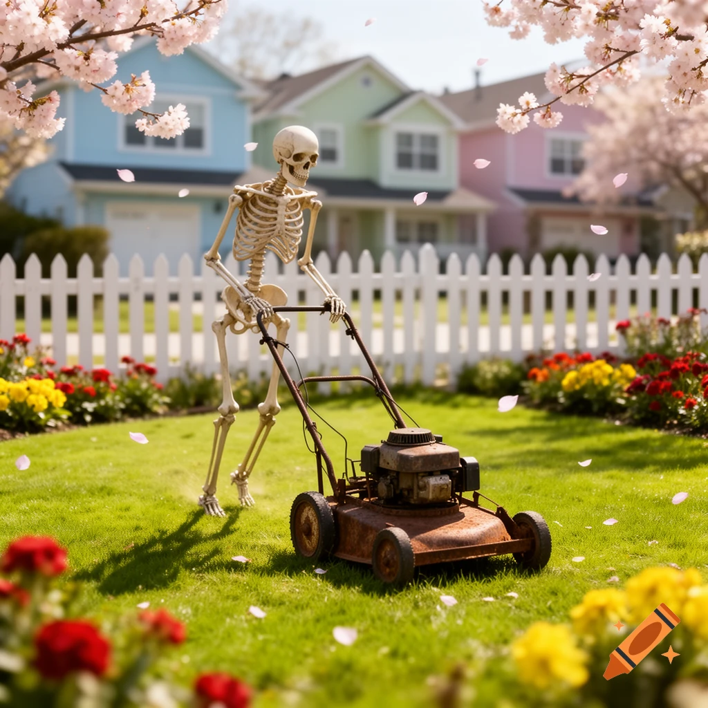 A skeleton mows a lush green lawn with an old, rusty lawnmower under pink cherry blossoms and colorful flowers in a suburban neighborhood.