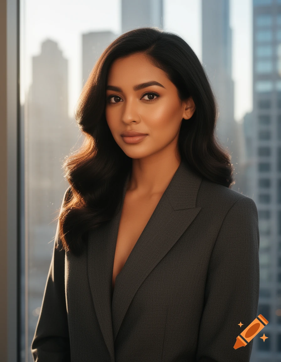 Photorealistic portrait of a young woman in a dark grey business suit, looking at the viewer with a city skyline backdrop.