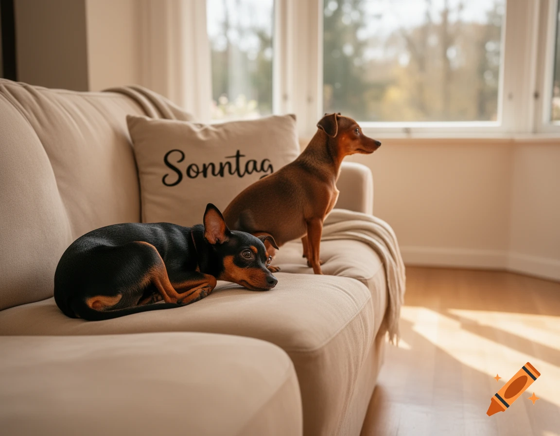 Two miniature pinscher dogs, one black and tan, one brown, on a beige couch by a window with sunlight.