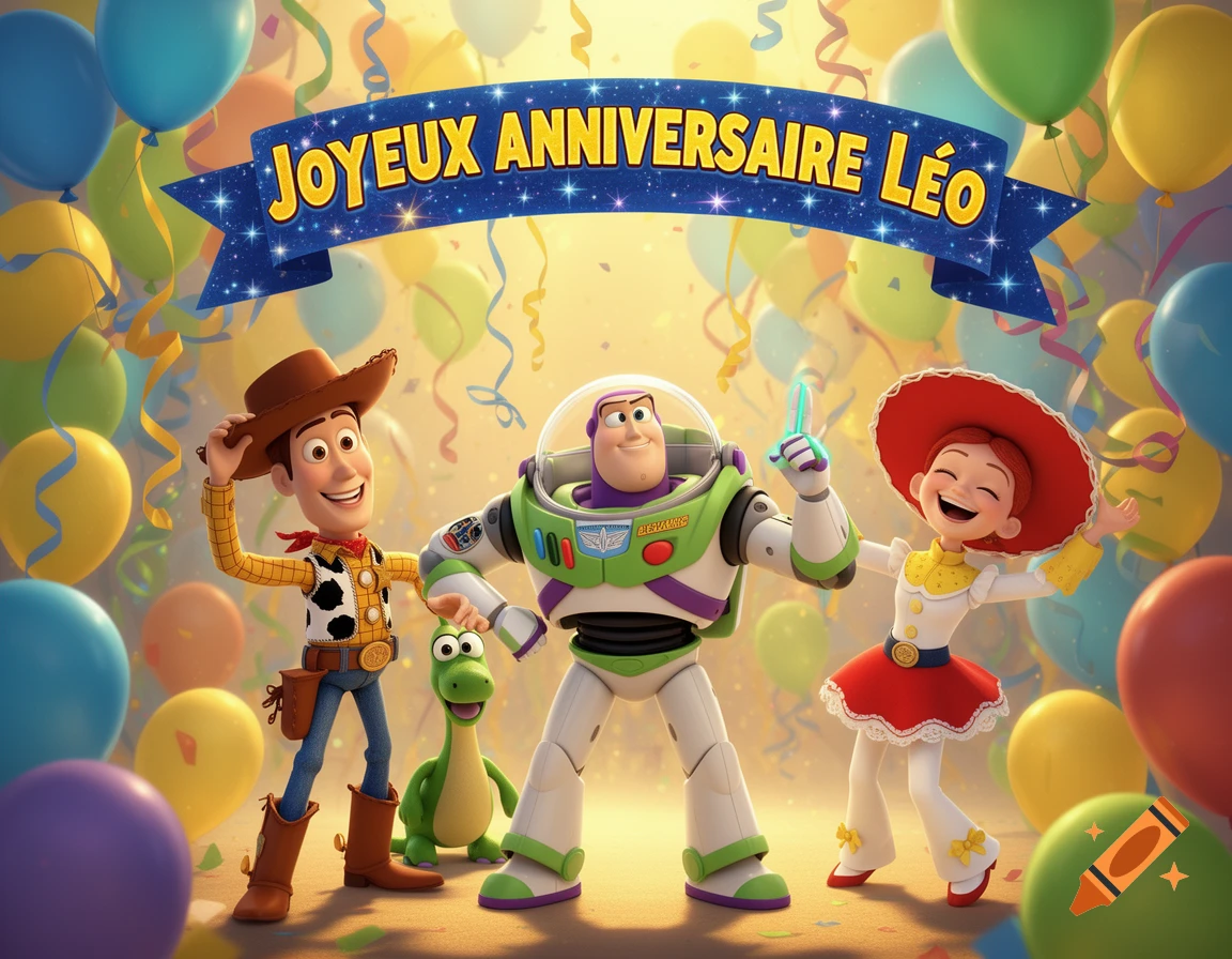 Toy Story characters Woody, Buzz, Jessie, and Rex celebrate a birthday amidst colorful balloons and confetti, with a 'Joyeux Anniversaire Léo' banner.