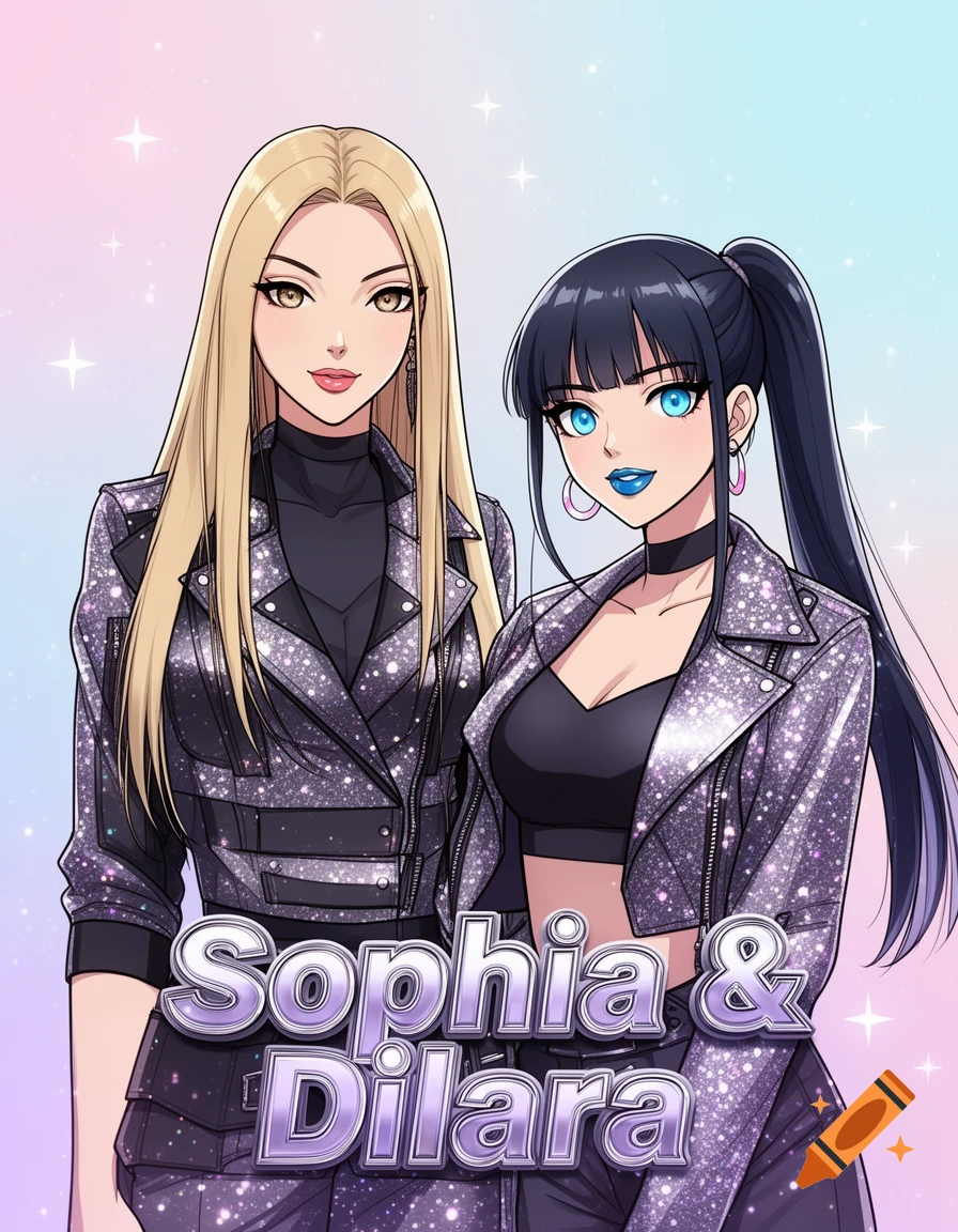 Anime illustration of Sophia and Dilara, a pop duo, posing in glittering jackets against a pastel, sparkly background.