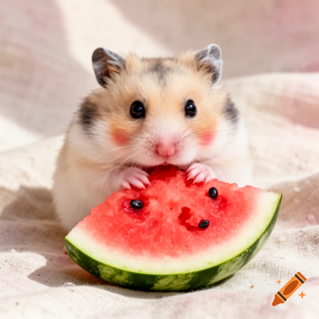 A cute, fluffy hamster with black eyes and pink cheeks holds and eats a slice of watermelon on a light fabric.