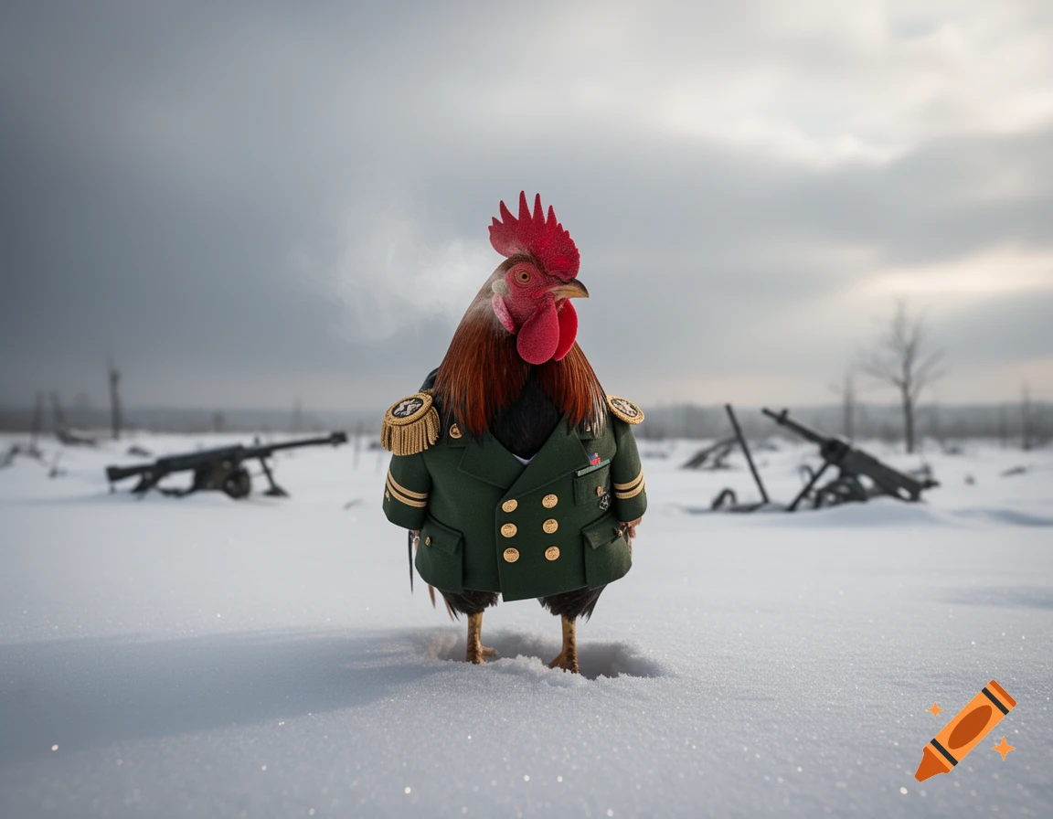 A photorealistic rooster dressed as an Army General stands triumphantly on a snowy battlefield.