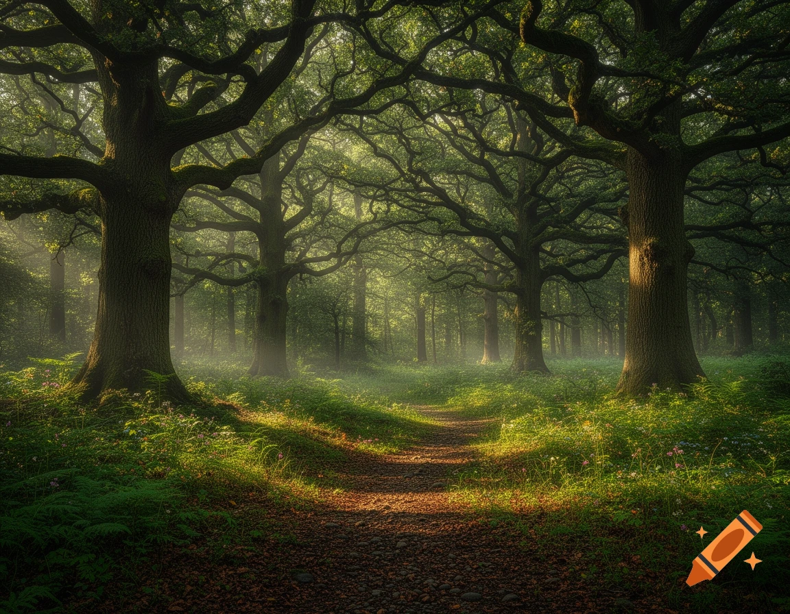 A sunlit path winds through a dense, misty oak forest with ferns and tall trees, photorealistic.