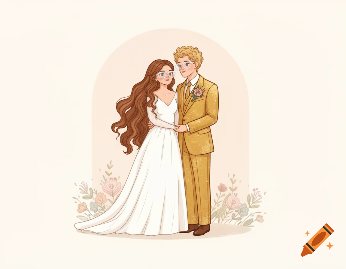 A charming 2D illustration of a wedding couple with clear glasses, holding hands, surrounded by subtle flowers.