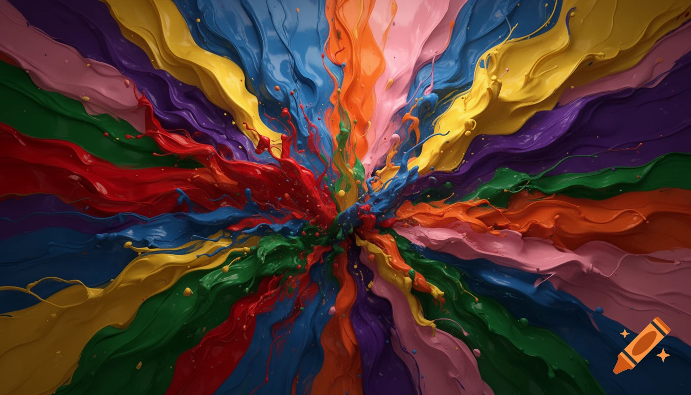 A vibrant explosion of thick, swirling colorful paint radiating from the center, with a strong relief-like texture.