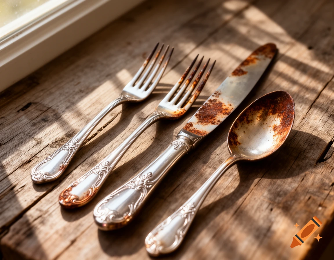 Ornate, rusty silverware, including forks, a knife, and a spoon, rests on a rustic wooden table in dappled sunlight.