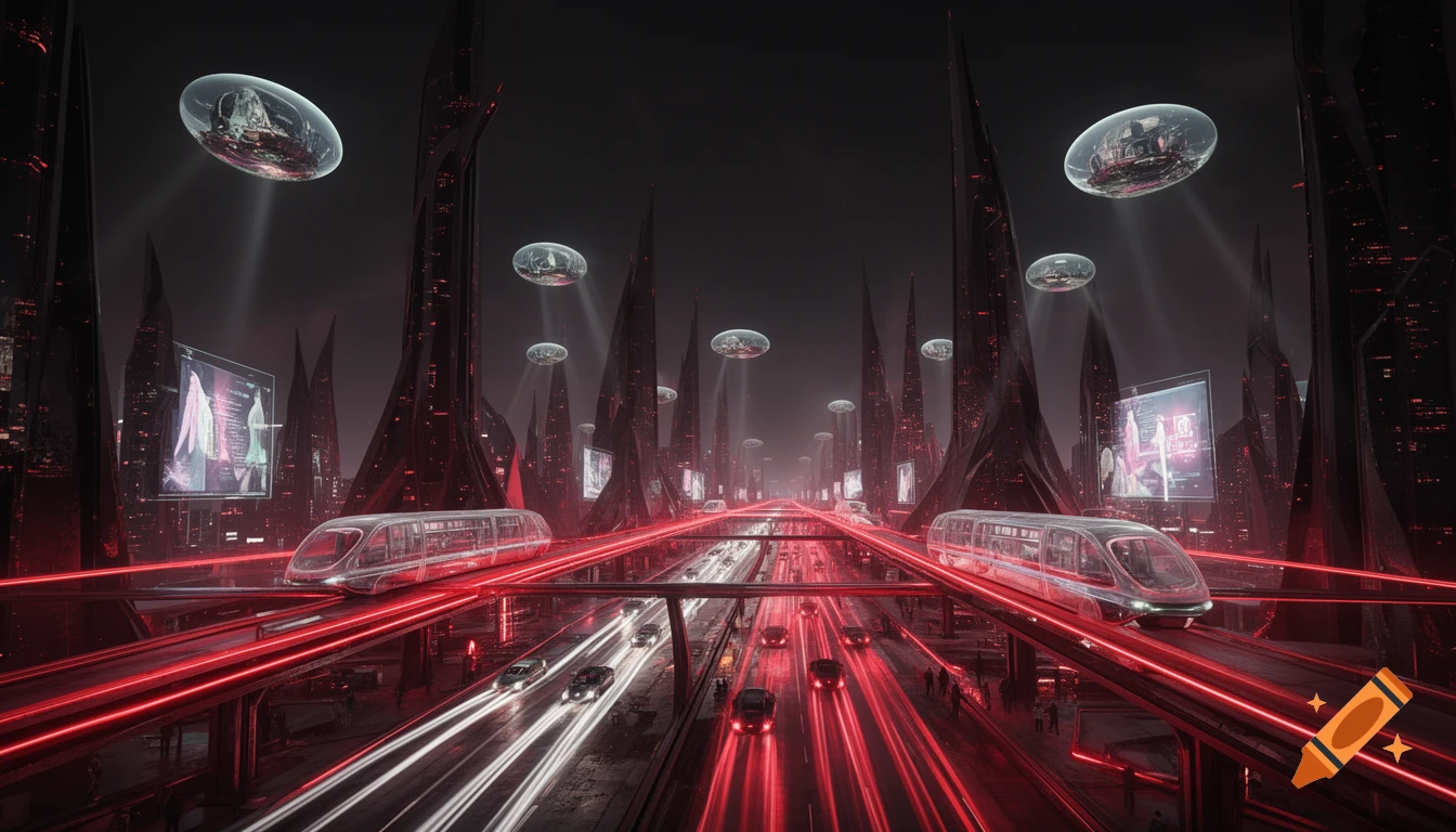 A dark, futuristic cityscape at night with red light trails, sleek alien architecture, hovering pod-like habitats, and elevated trains.