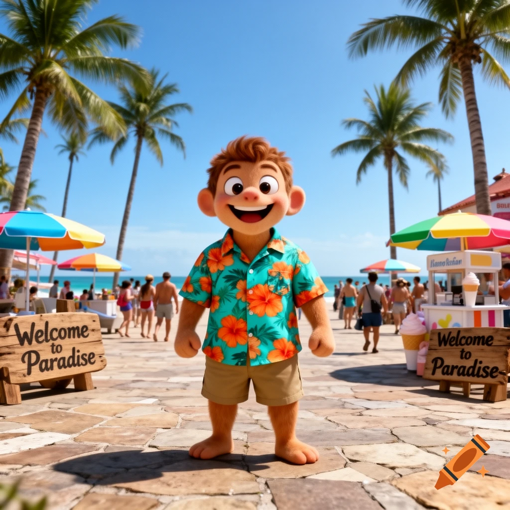 A smiling cartoon boy in a floral Hawaiian shirt and shorts stands on a sunny tropical beach with palm trees and 'Welcome to Paradise' signs.
