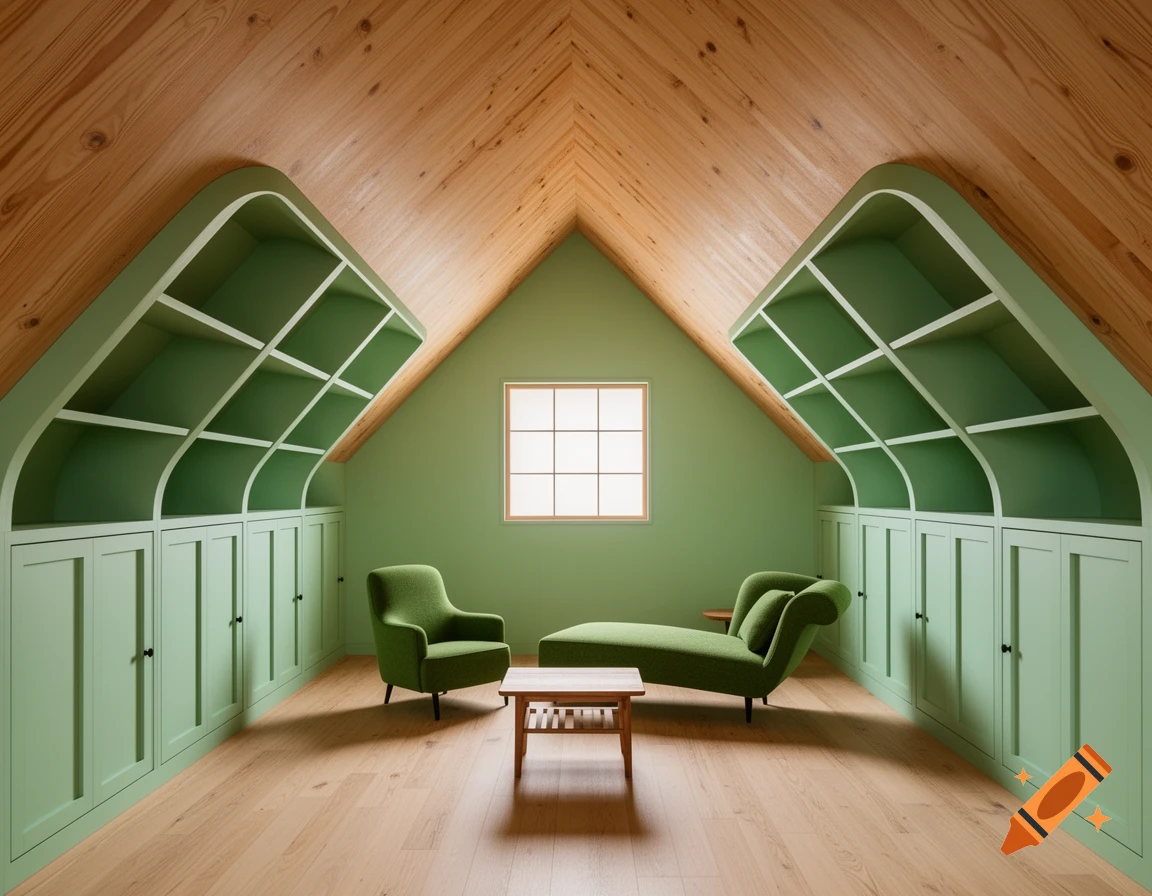 A modern attic room featuring mint green walls, built-in shelves, a sloped wooden ceiling, green armchair, chaise longue, and a square window.