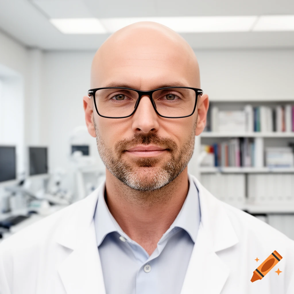 Photorealistic portrait of a bald man with glasses and a beard wearing a white lab coat.