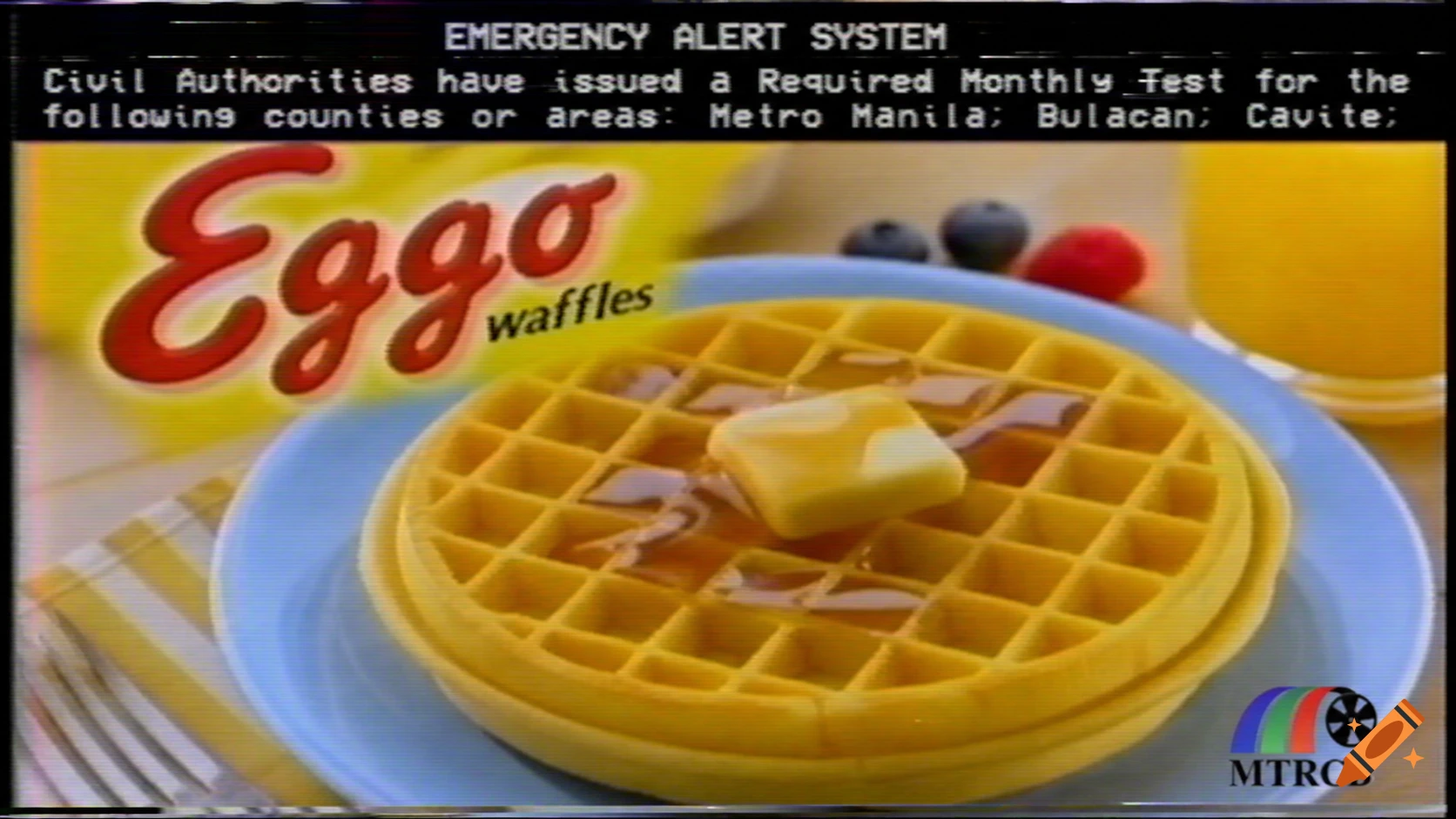 A close-up of Eggo waffles with butter and syrup, overlaid with a retro VHS emergency alert system message.