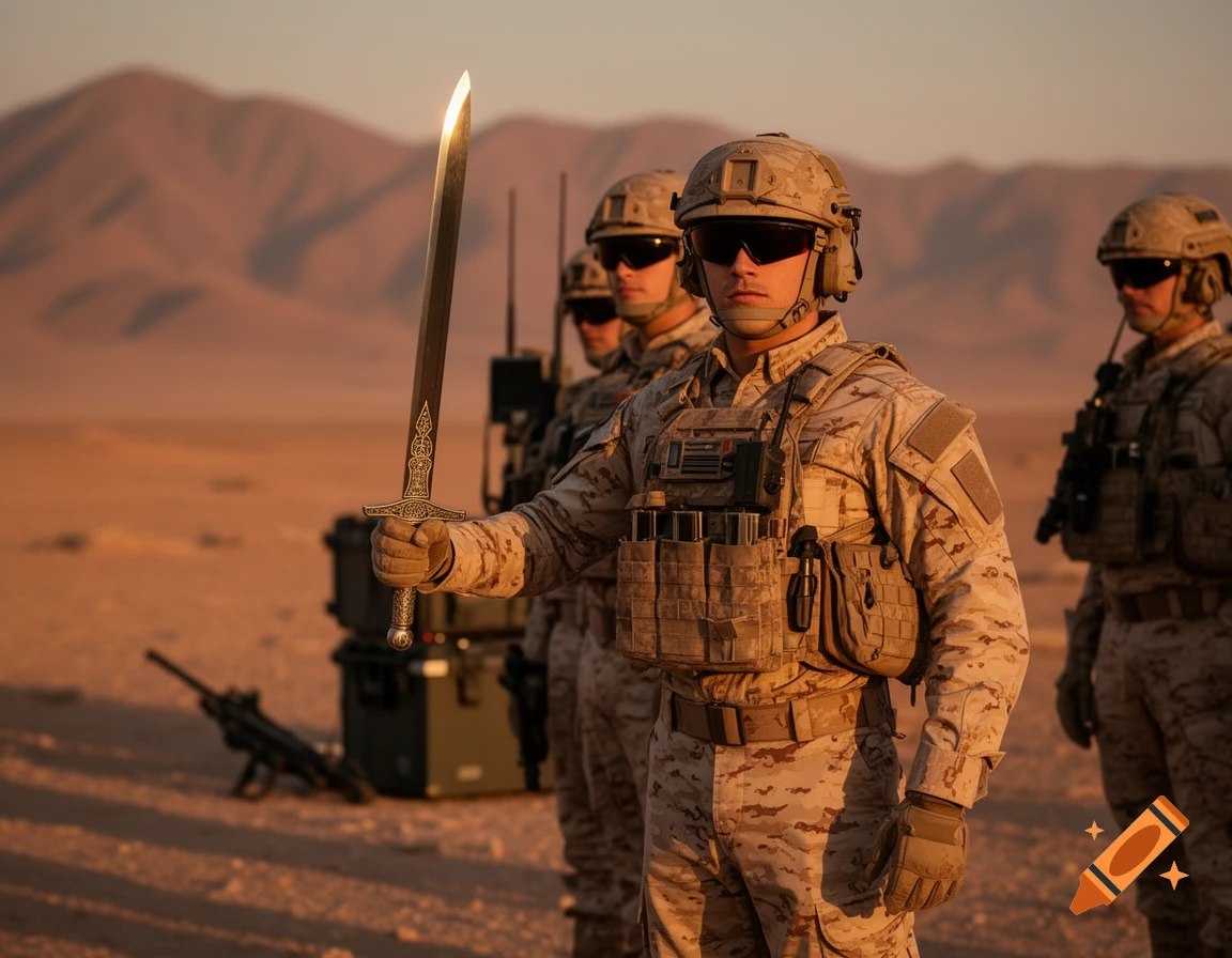 Modern soldiers in desert camouflage stand in a desert landscape, one holding a glowing sword.