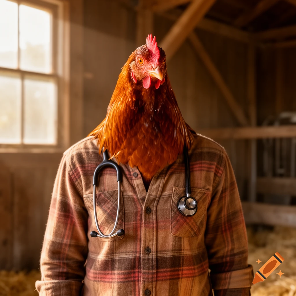 A photorealistic chicken with a stethoscope around its neck, wearing a flannel shirt in a rustic barn setting.