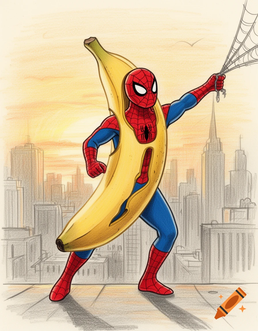 Spider-Man in a banana costume holds a web, standing in a city with a sunset background, drawn in a colored pencil style.