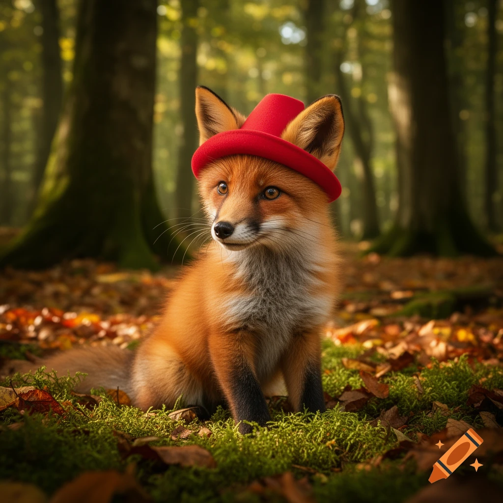 A photorealistic fox wearing a small red hat sits on moss and autumn leaves in a sunlit forest.