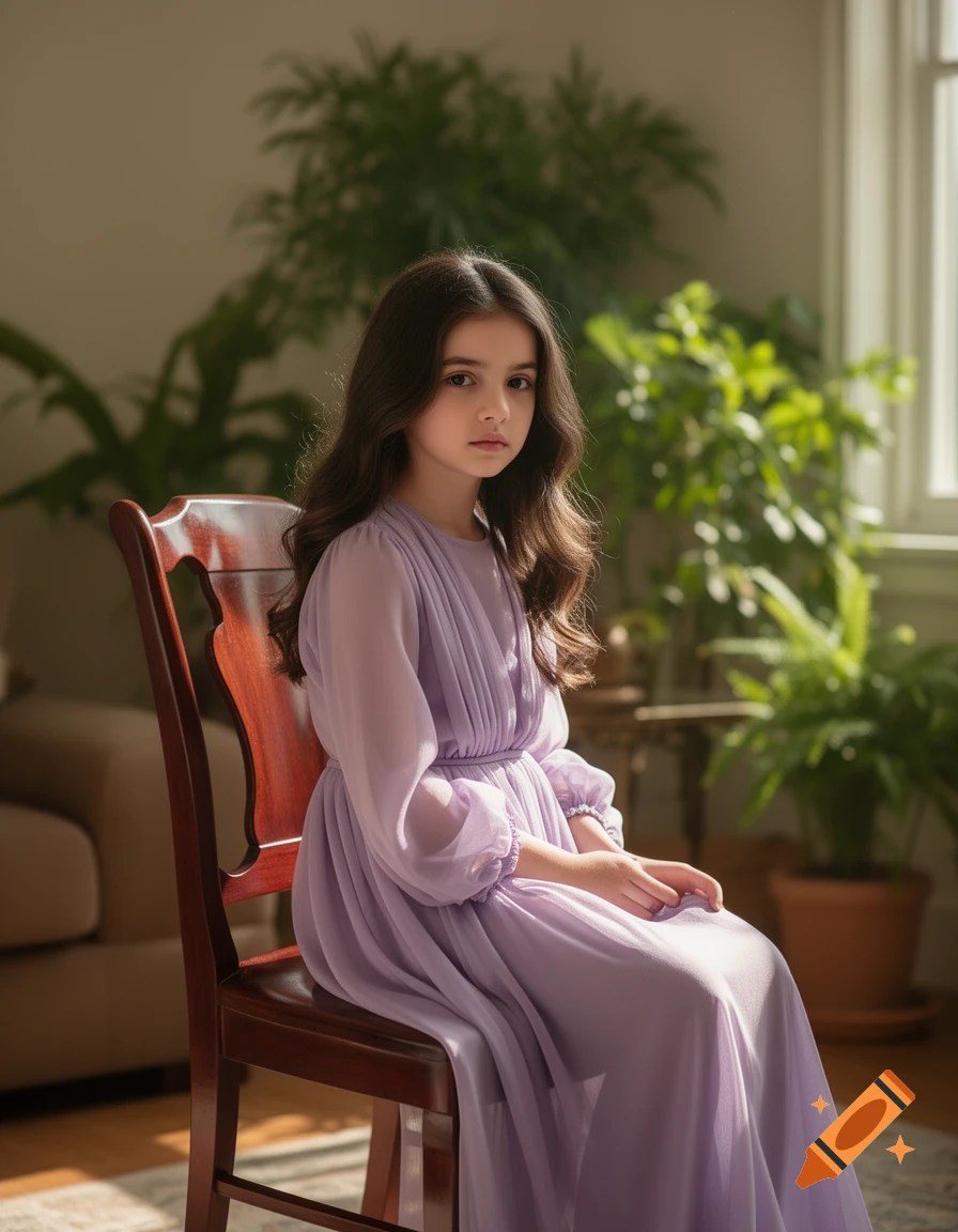 A young girl with long dark hair sits on a wooden chair indoors, wearing a flowing lavender dress, with houseplants in the background.