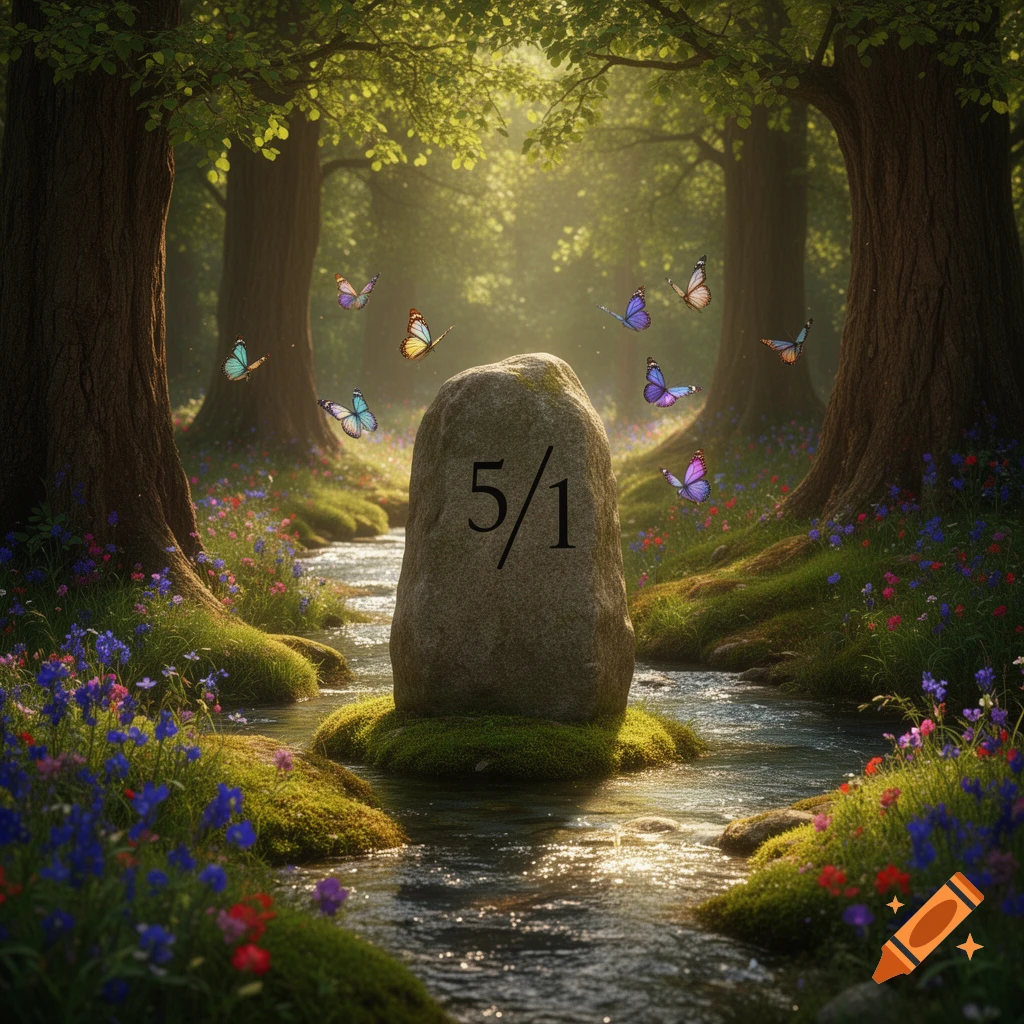 Sunlit magical forest with a stream flowing past a rock inscribed with '5/1', surrounded by colorful wildflowers and butterflies.