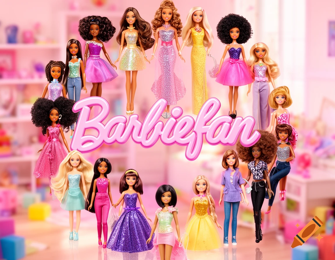 A large group of diverse Barbie dolls in various outfits surrounds the pink 3D text 'Barbiefan' on a blurred pink background.