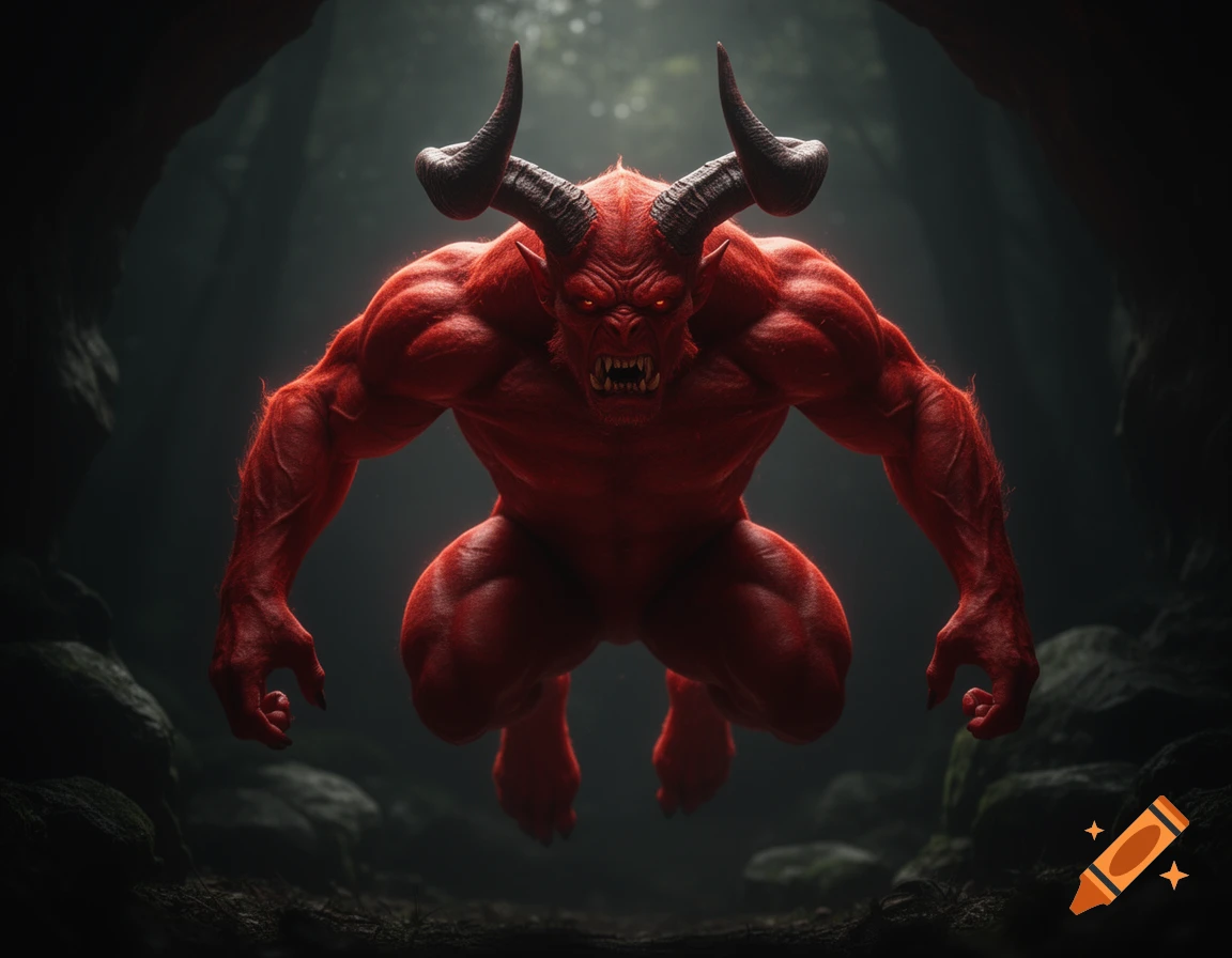 A muscular red demon with large horns, sharp teeth, and glowing red eyes crouches aggressively in a dark, misty cave, poised to strike.