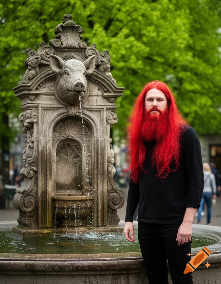 A red-haired man with a full red beard stands beside an ornate stone fountain with a pig's head spouting water. Green trees in background.