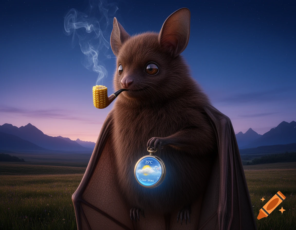 A fluffy brown bat smokes a corn cob pipe, holding a glowing pocket watch that displays "25°C Clear Skies" in a field at dusk.