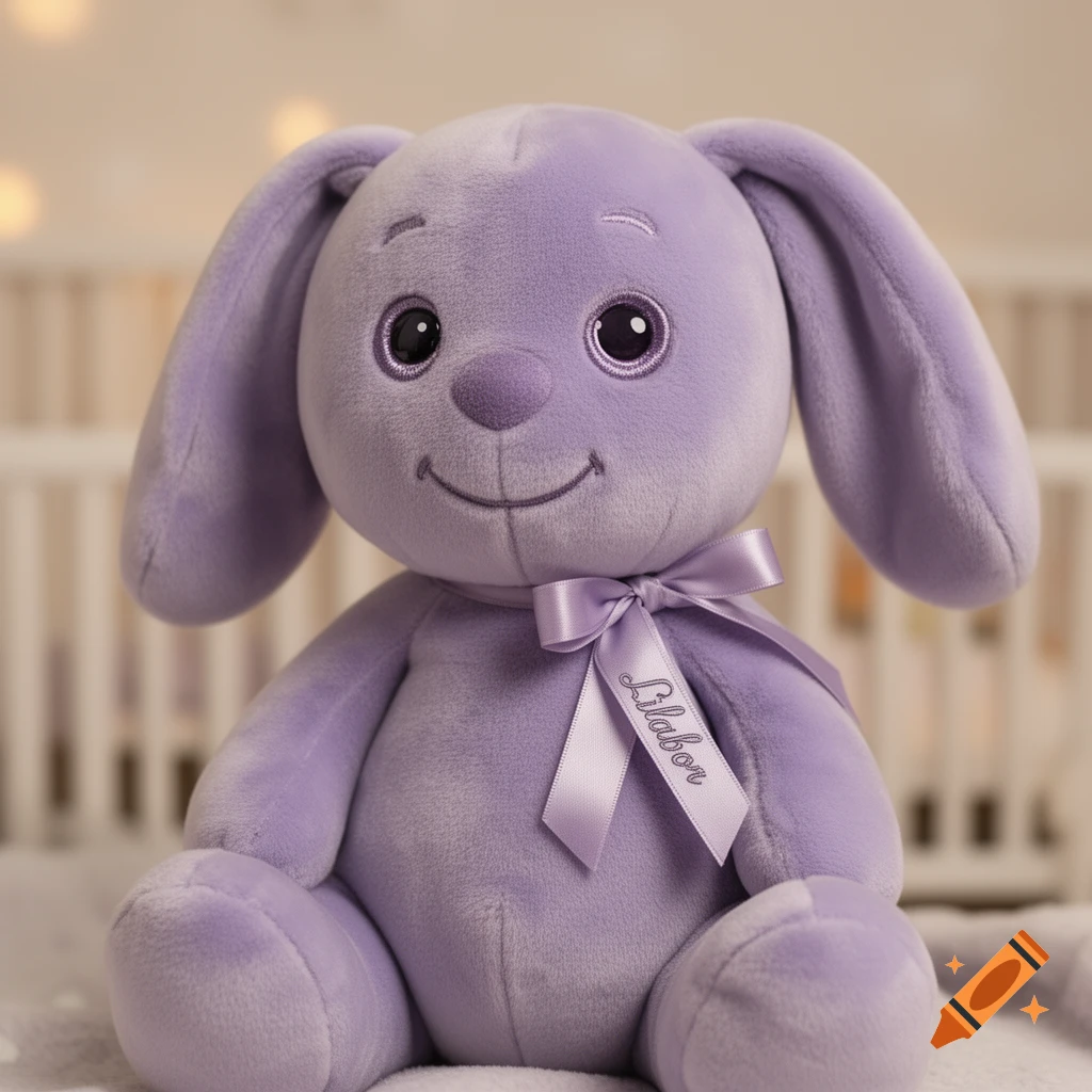 A plush purple rabbit with floppy ears and a satin bow tied around its neck, sitting in a soft-focus nursery setting.