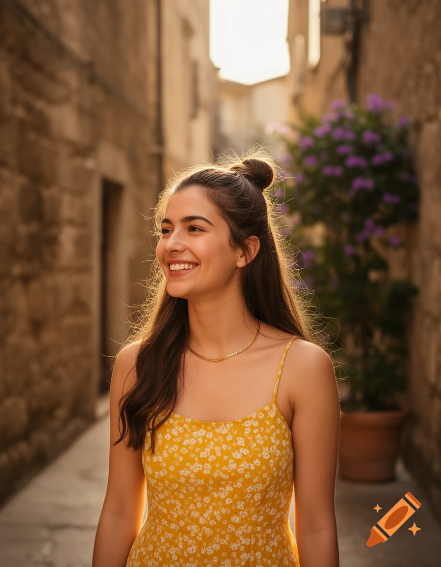 Candid shot of a joyful young woman in a yellow sundress with a top knot bun, walking in a sunlit European alleyway.