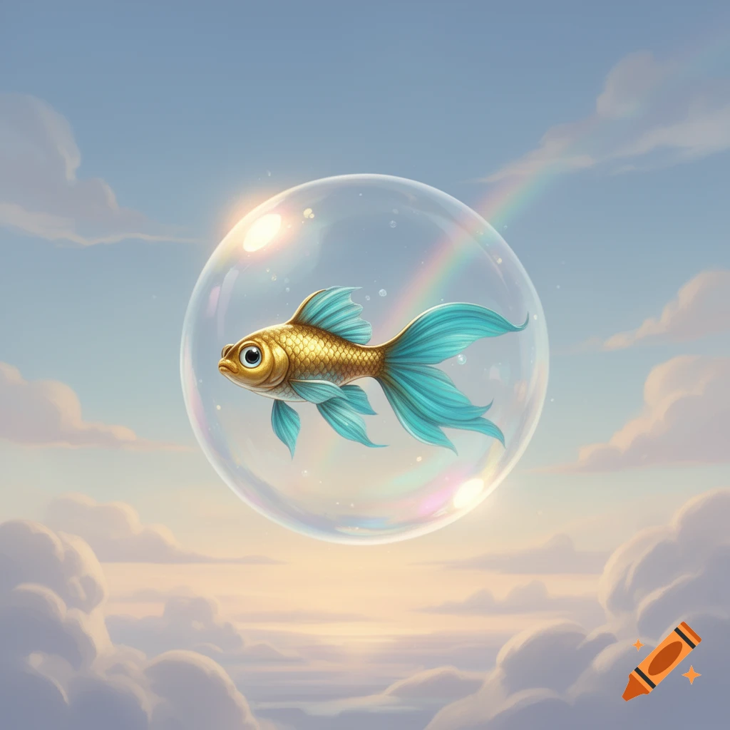 A stylized golden fish with blue fins swims inside a clear bubble, floating above soft clouds in a blue sky with a faint rainbow.