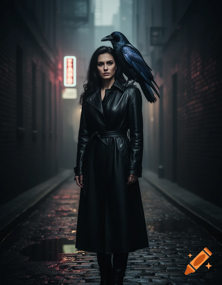 A woman in a leather trench coat with a raven on her shoulder stands in a dark, wet alleyway with neon signs in the background, in a moody, photorealistic style.