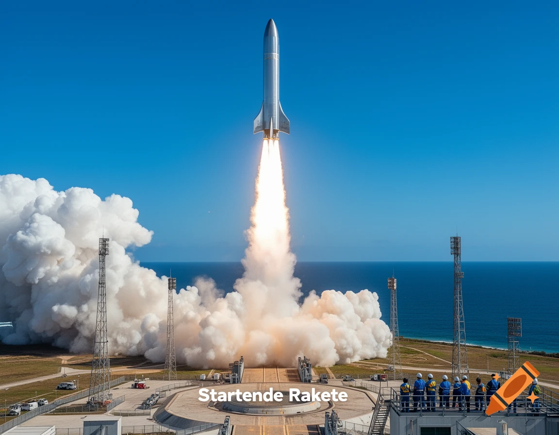 A photorealistic rocket launches from a coastal launchpad, leaving a massive plume of smoke behind, with onlookers in the foreground.